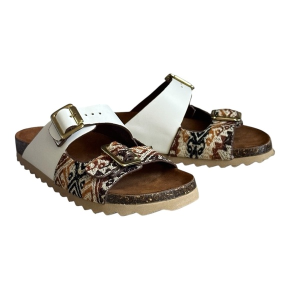 Inkkas Desert Buckle Sandals 7 Boho Woven Cork Slides White Brown Adjustable - Picture 8 of 11